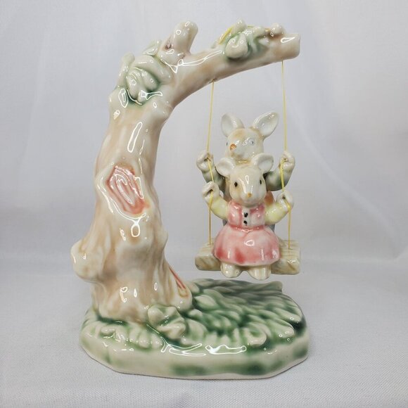 Tales of Bunny Hollow Ceramic Young Bunnies Tree Swing VTG 1993 Albert E Price - Picture 1 of 14